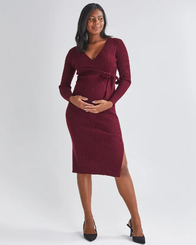 Limited Quantity Lucille Knit Maternity Midi Dress in Burgundy