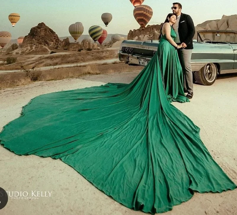 Discount Extravaganza G3013, Castelon Green Satin Slit cut Pre Wedding Shoot Long Trail Gown, Size (All)pp Discount Extravaganza G3013, Castelon Green Satin Slit cut Pre Wedding Shoot Long Trail Gown, Size (All)pp