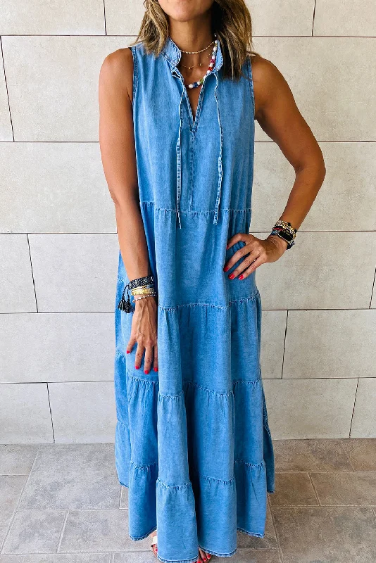 Low Prices Blue Sleeveless Tiered Chambray Maxi Dress