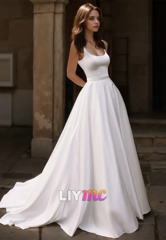 Stock Clearance Scoop Straps Pleated Sleek Satin A-Line Wedding Dress