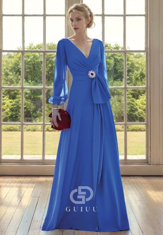 A-Line V Neck Long Sleeves Pleated Back Zipper Buttons Chiffon Mother of Bride Dress with Beaded