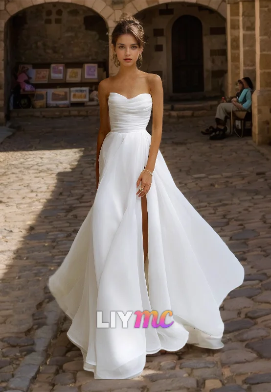 Steals and Deals Sweetheart Sleeveless Ruched Pleated Sleek A-Line Wedding Dress