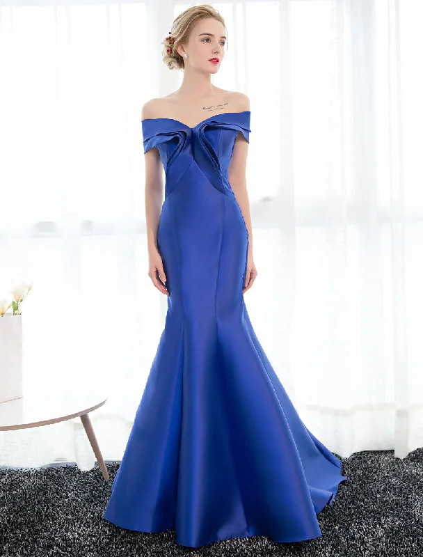 Extra Savings Stunning Evening Dresses Satin Royal Blue Evening Gown Off The Shoulder Mermaid Formal Dress With Train