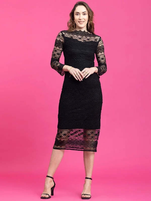Price Rollback Boat Neck Lace Shift Dress - Black
