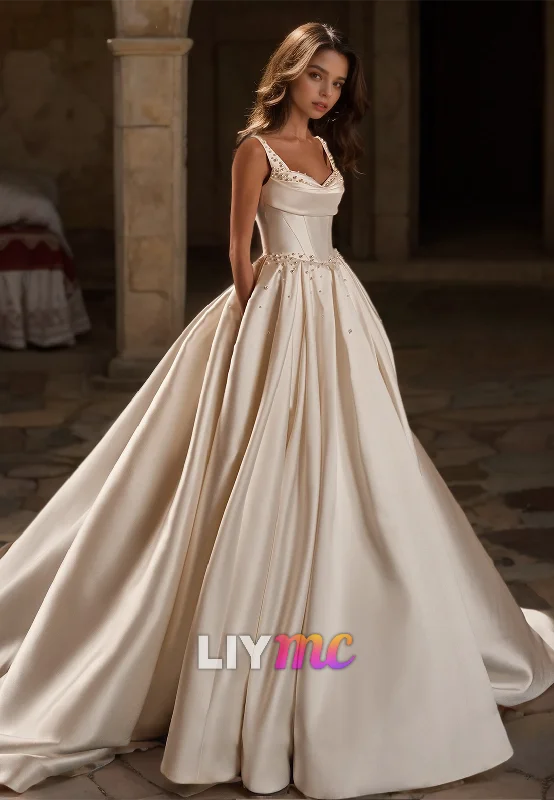 Best Bargains Sweetheart Straps Beaded Sleek Pleated Satin A-Line Wedding Dress