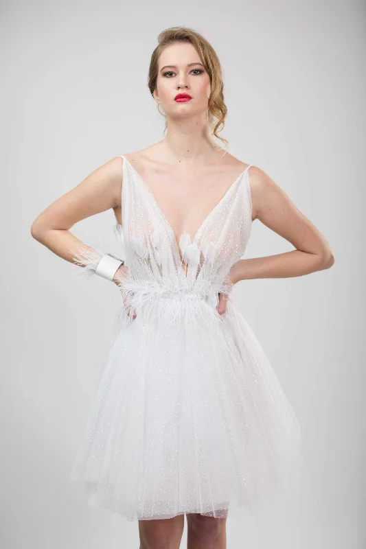 WHITE GLITTER TULLE FEATHER DRESS