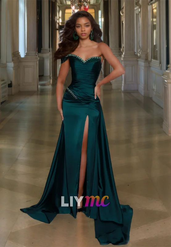 Early Bird Discount V-Neck Strapless Beaded Sleek Mermaid Side Slit Prom Dress