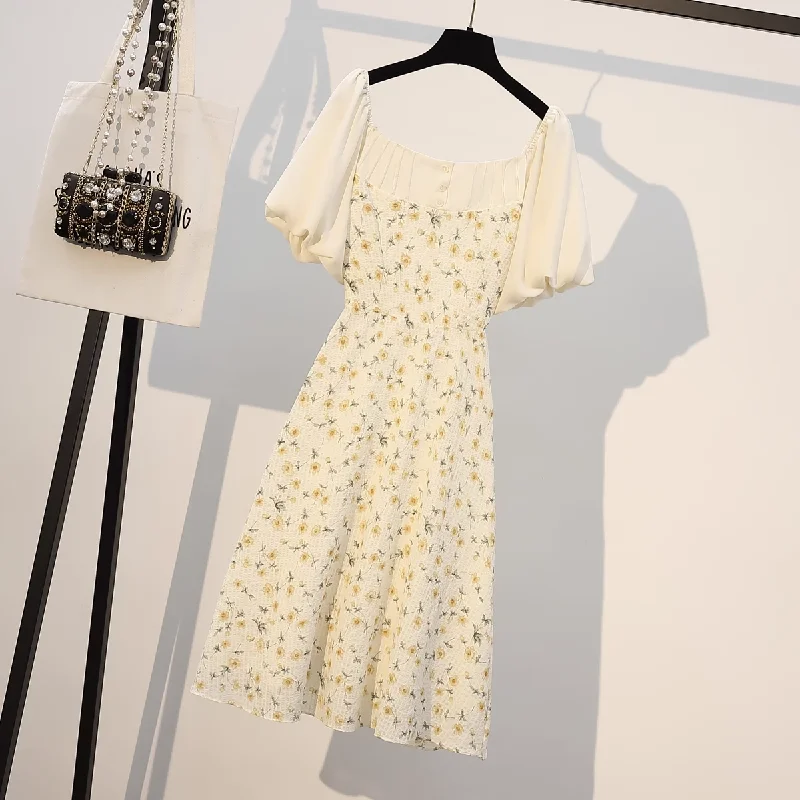 Markdowns Plus Size Cream Yellow Flowers Square Neck Korean Dress