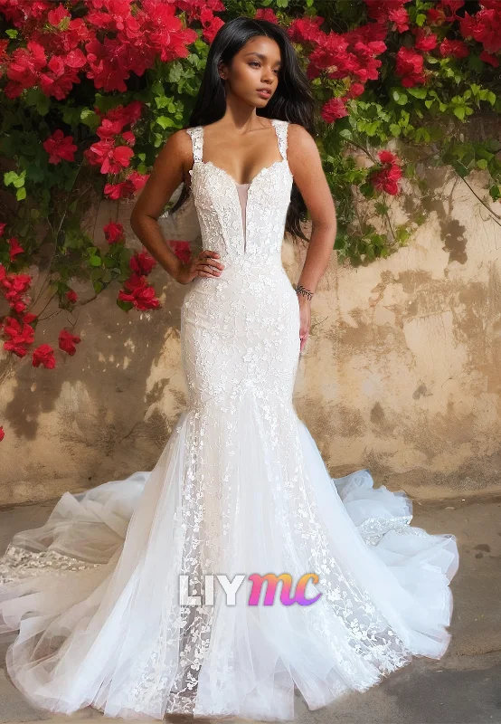 Mega Sale Off-Shoulder Sleeveless Appliques Mermaid Sweep Train Wedding Dress