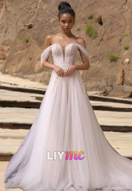 Act Now Off-Shoulder Strapless Appliques Tulle A-Line Wedding Dress
