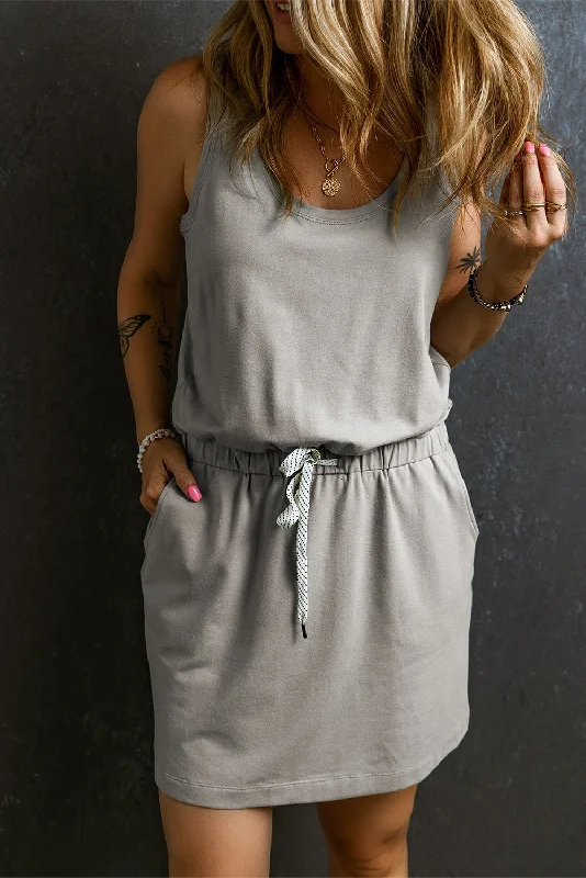 Price Drop Gray Sleeveless Drawstring Waist Mini Dress