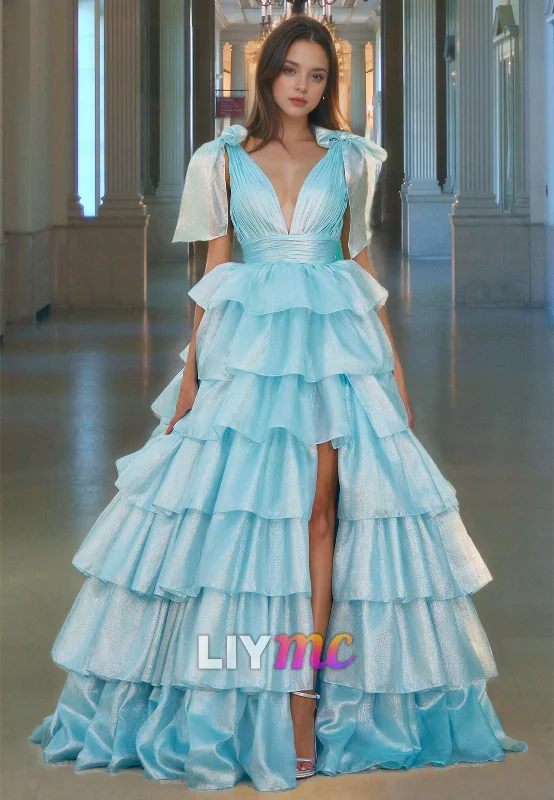 Discount Extravaganza V-Neck Sleeveless Tiered Side Slit A-Line Prom Dress