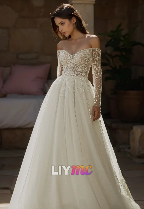 Season Finale Sale Off-Shoulder Long Sleeves Appliques Tulle Ball Gown Wedding Dress