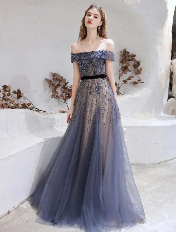 Mega Sale Amazing Evening Dress Blue A Line Bateau Neck Floor Length Short Sleeves Zipper Formal Party Dresses Pageant Dress