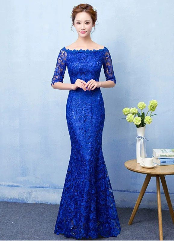 Grand Opening Sale Stunning Mermaid Evening Dress Royal Blue Lace evening dress Off The Shoulder Half Sleeve fishtail Maxi Party Dress wedding guest dress