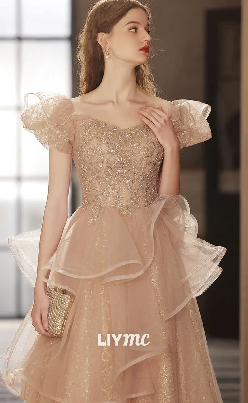 Deal Mania LP1877 - Champagne Tulle Sequin Long Prom Dress, Champagne Sequin Long Formal Dress Deal Mania LP1877 - Champagne Tulle Sequin Long Prom Dress, Champagne Sequin Long Formal Dress