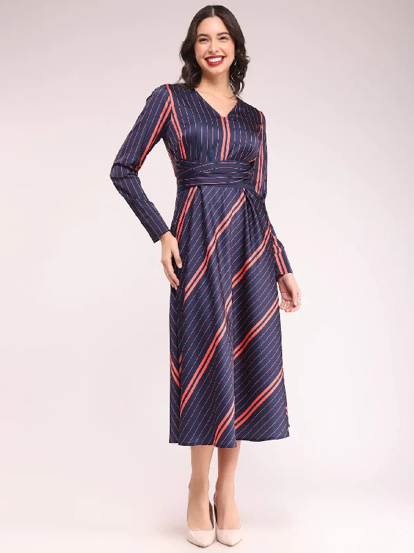 Striped Fit And Flare Dresses - Navy And Red