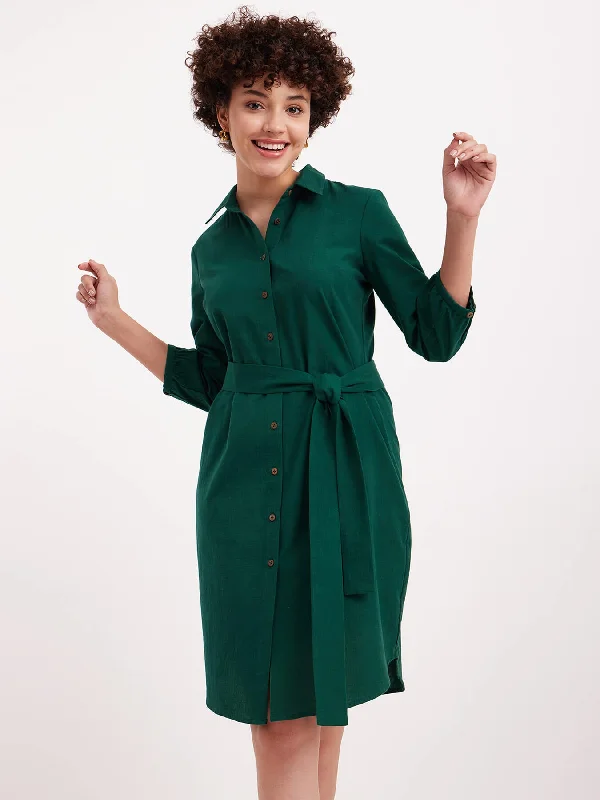 One-DAY Sale Linen Classic Shirt Dress - Green