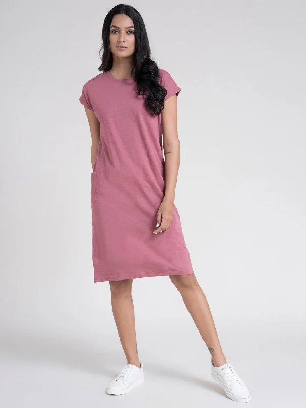 Cotton Drop Shoulder Knitted Dress - Pink