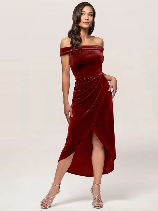 TIME-Limited Offer Amazing Burgundy Evening Dress Sheath Bateau Neck Tea-Length Zipper Pleated Velour Formal Dinner Dresses
