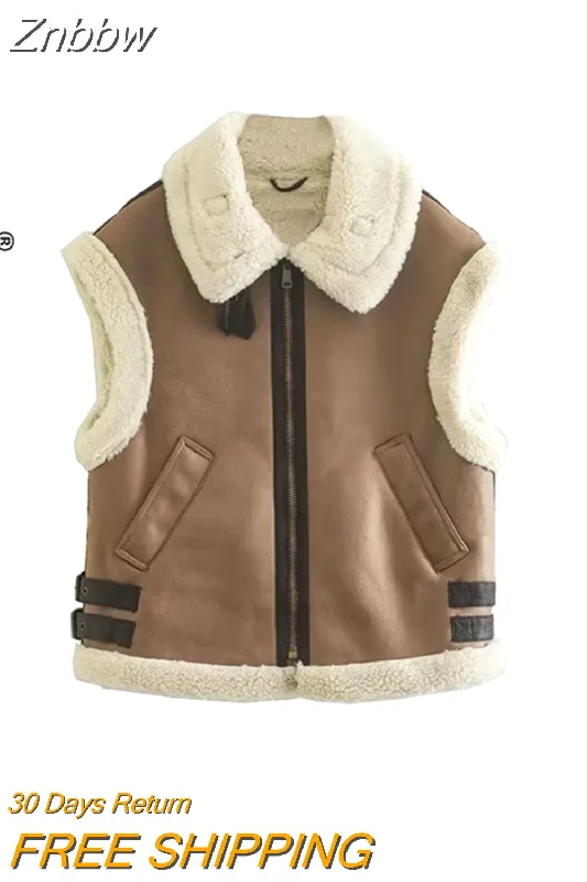 Hurry In Znbbw TRAF 2023 Winter Women Thick Warm Fleece Faux Leather Jacket Sleeveless Waistcoat Coat Ladies Biker Vest Outwear Tops