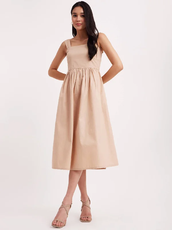 Linen Fit And Flare Dress - Beige