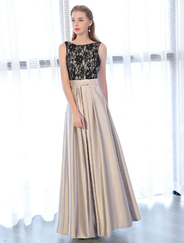 Great Deals Amazing Evening Dresses Satin Lace evening dress Sleeveless Backless Pleated Pockets Floor Length Formal Dress