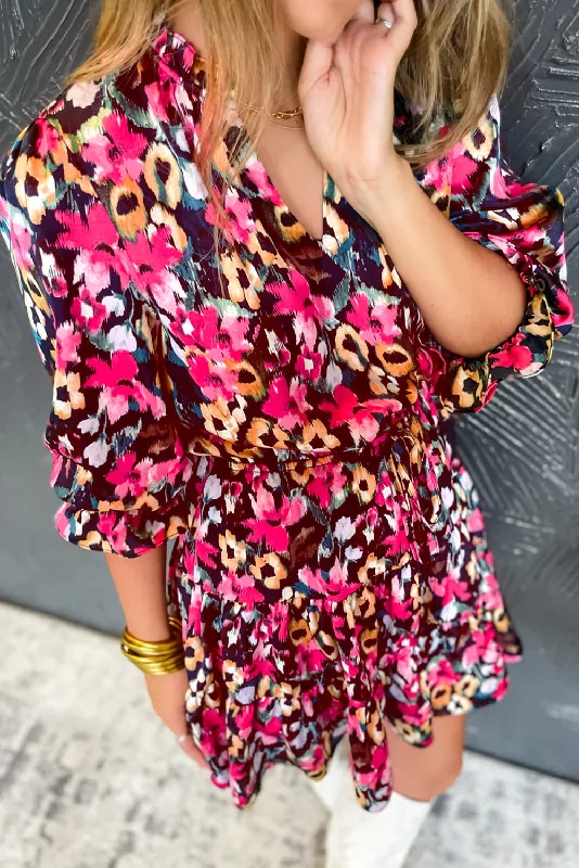 Sale Event Rose Red Floral Print Tiered Ruffled Half Sleeve V Neck Dress