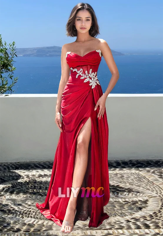 Extra Savings Sweetheart Sleeveless Beaded Pleated Side Slit Sheath Prom Dress