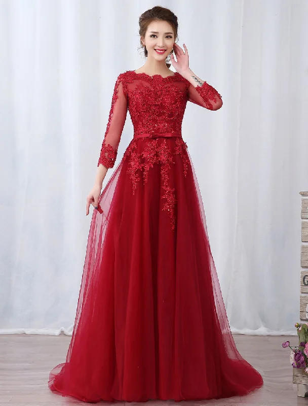 Price Blitz Modern Burgundy Evening Dresses Long Sleeve Lace Applique Beaded Formal Gown With Train Price Blitz Modern Burgundy Evening Dresses Long Sleeve Lace Applique Beaded Formal Gown With Train