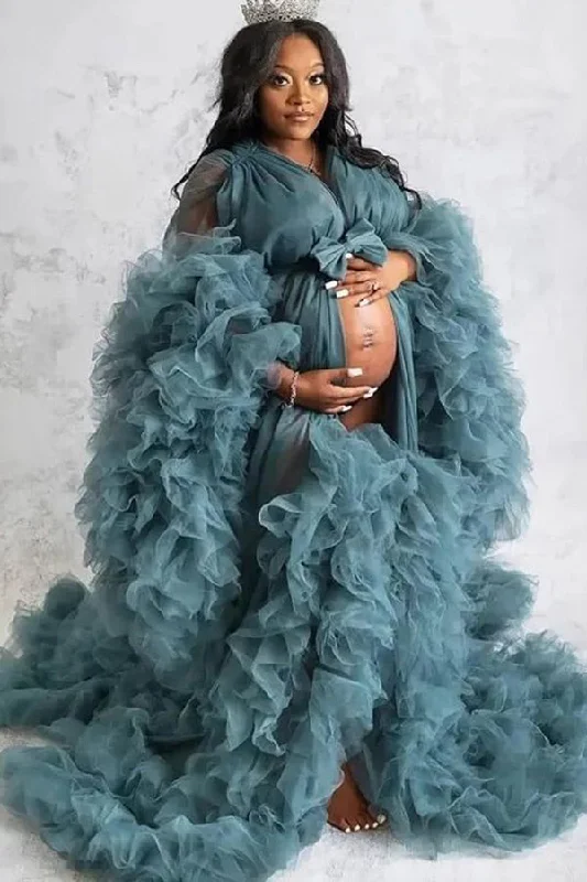 Big Discounts Custom Ink Blue Ruffled Long Sleeves Maternity Photoshoot Gown