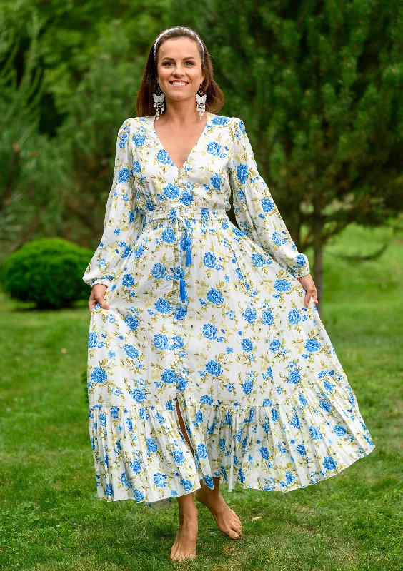 Savings Galore Simona Blue Roses White Dress
