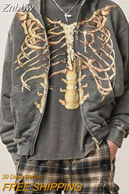 Take Advantage Znbbw Y2K Harajuku Anime Gothic Hoodies Korean Style Loose Skull Print Goth Grunge Long-sleeved Hooded Coat Solid Color Retro