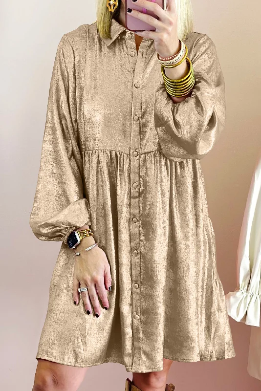 Flash Sale Apricot Metallic Sheen Puff Sleeve Button Up Mini Shirt Dress