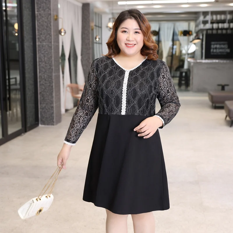 Plus Size Lace 2-In-1 Long Sleeve Dress (Extra Big Size)