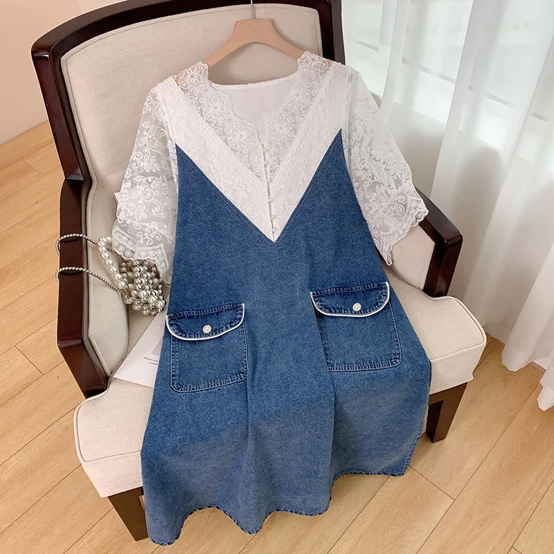 Huge Savings Plus Size Lace Denim Dress (EXTRA BIG SIZE)