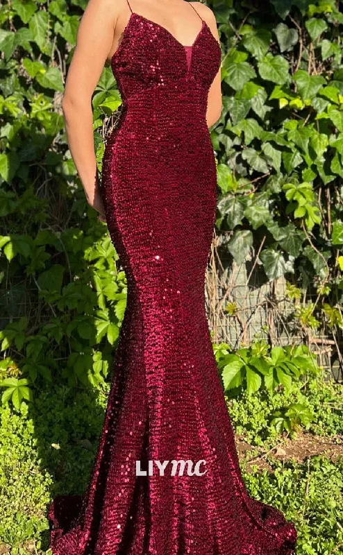 Clearance Sale LP2174 - V-Neck Spaghetti Straps Sequins Sparkly Mermaid Prom Dress Clearance Sale LP2174 - V-Neck Spaghetti Straps Sequins Sparkly Mermaid Prom Dress