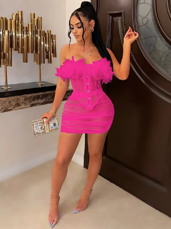 Time-Limited Offer Dressy Feather Spliced Backless Top and Skirt GOLDEN TOUCH