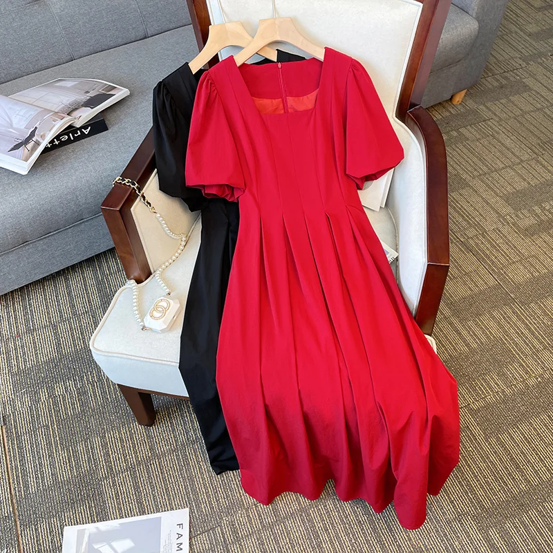 Savings Alert Plus Size Korean Pleat Square Neck Midi Dress