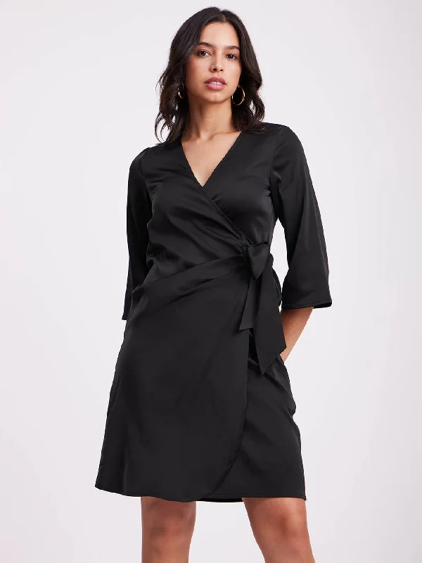 Final Clearance Satin Wrap Dress - Black