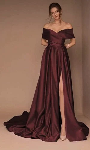 Daily Deals G905 (2),Dark Wine Satin Slit Cut Long Trail Shoot Gown, Size (All)