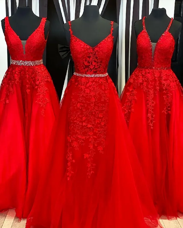 Unbeatable Prices A Line Red Beaded Tulle Gown Prom Dresses