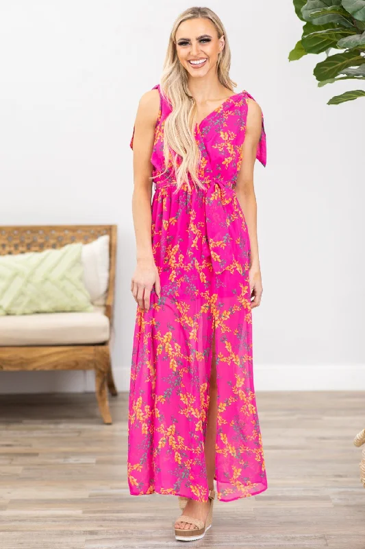 Hot Pink Floral Print Surplice Front Maxi Dress