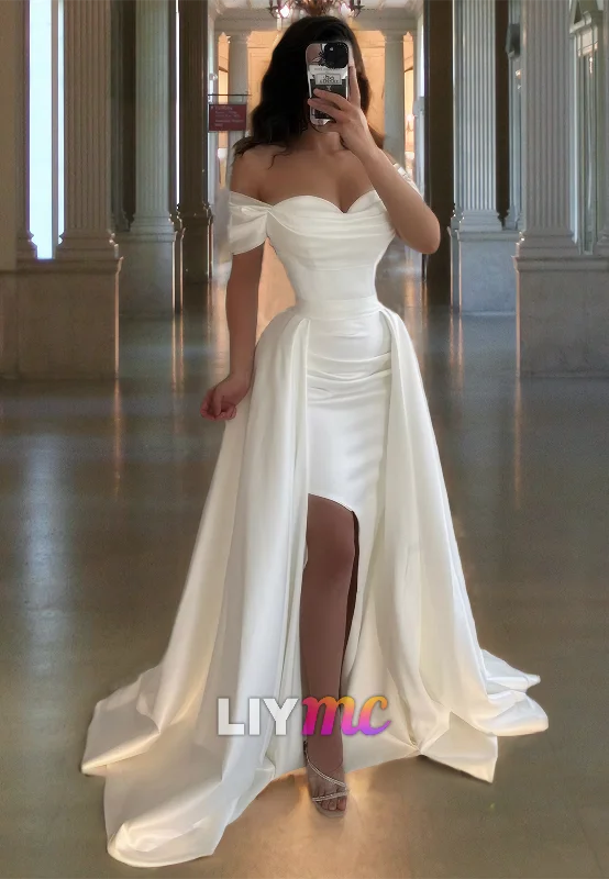 Extra Discounts LP588 - Off Shoulder Pleated Satin Mermaid Long Prom Evening Dress With Sweep Train Extra Discounts LP588 - Off Shoulder Pleated Satin Mermaid Long Prom Evening Dress With Sweep Train