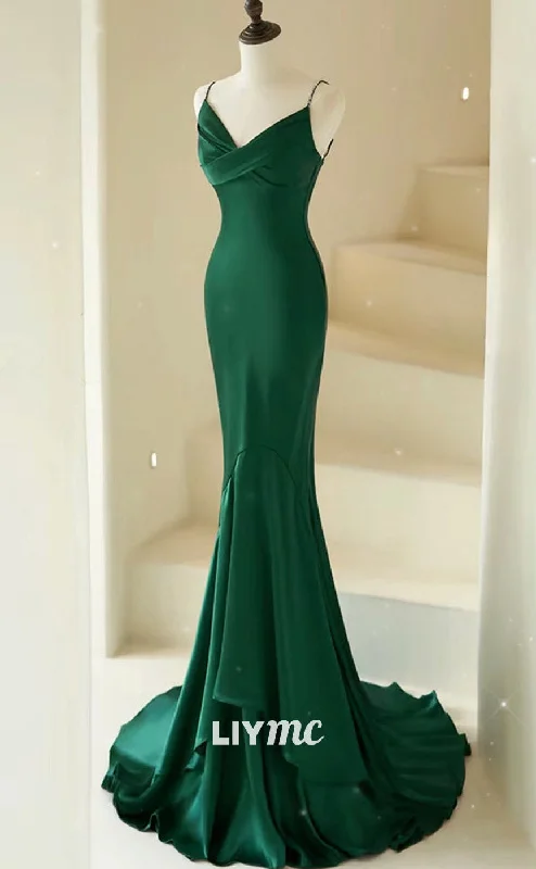 Unbeatable Prices LP1898 - Mermaid V Neck Satin Green Long Prom Dress, Green Satin Long Formal Dress