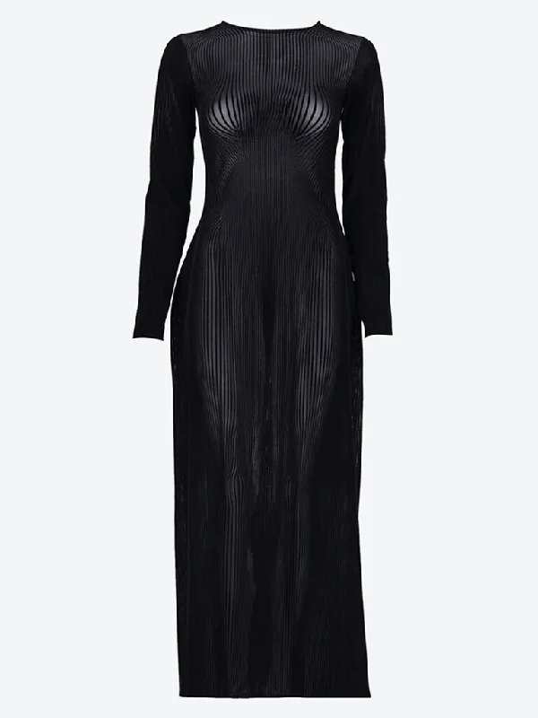 Morphing pinstripes flocked mesh long dress