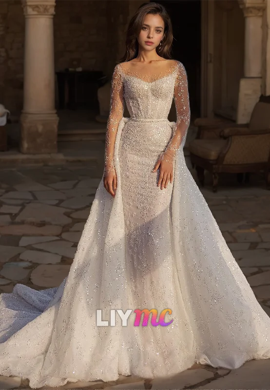 Super Bargain Off-Shoulder Long Sleeves Beaded Mermaid Wedding Dress
