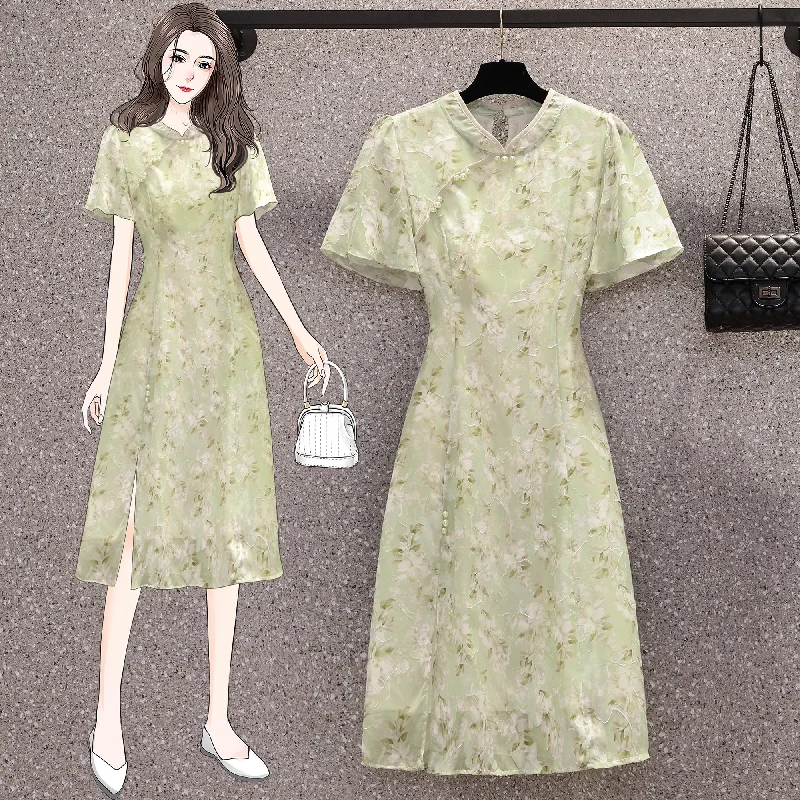 Act Now Plus Size Green Textured Floral Cheongsam Dress