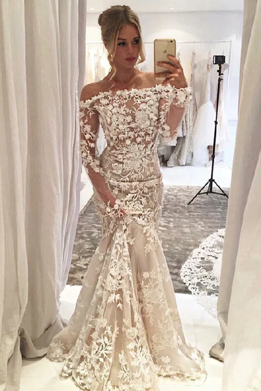 Special Offer Mermaid Off-the-Shoulder Long Sleeves Ivory Tulle Wedding Dress with Appliques JKW9001