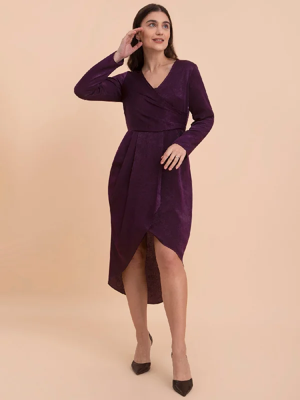 Value Deals Satin Draped Detail A-Line Dress - Purple